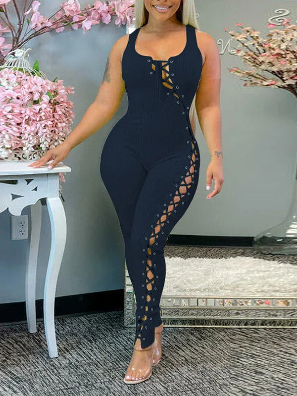 Women's Lace-Up Sleeveless High-Waist Wide-Leg Jumpsuit