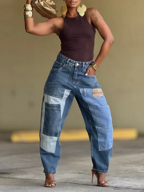 Women's Printed Patchwork Embellished Straight-Leg Jeans