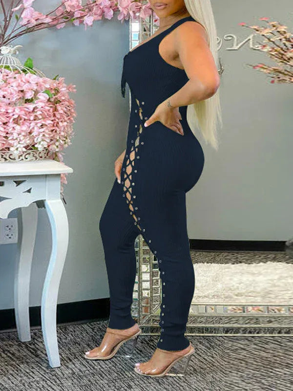 Women's Lace-Up Sleeveless High-Waist Wide-Leg Jumpsuit