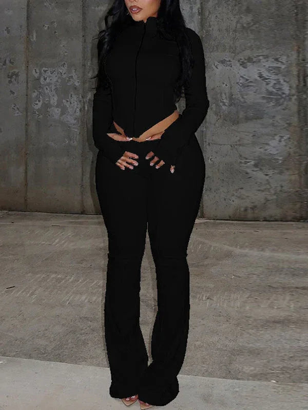 Women's Solid Zip-Front Crop Top & High-Waist Pants Set