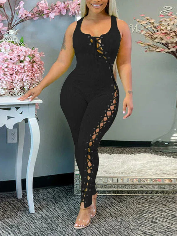 Women's Lace-Up Sleeveless High-Waist Wide-Leg Jumpsuit