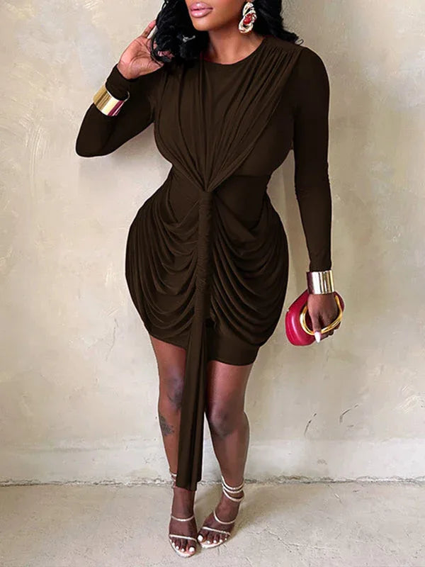 Women's Ruched Draped Midi Dress – Elegant Long Sleeve Bodycon