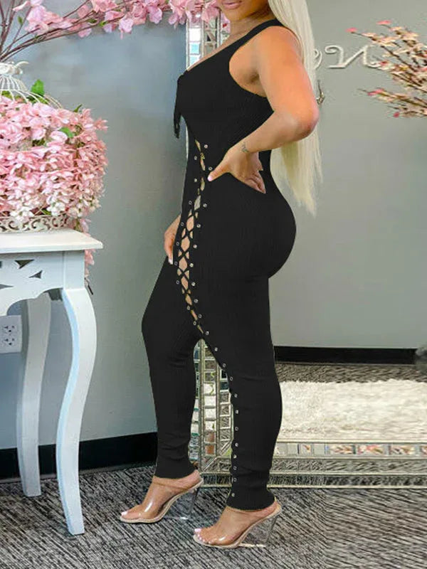 Women's Lace-Up Sleeveless High-Waist Wide-Leg Jumpsuit