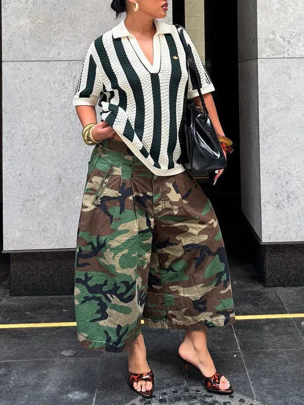 Women's Camo Print Relaxed Wide-Leg Cropped Capri Pants