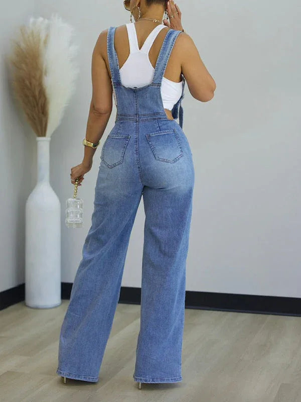 Women's Zip-Front Relaxed Wide-Leg Denim Overalls
