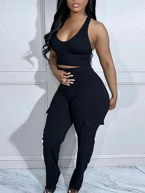 Women's Solid Sleeveless Tank Top & Multi-Pocket Cargo Pants Set
