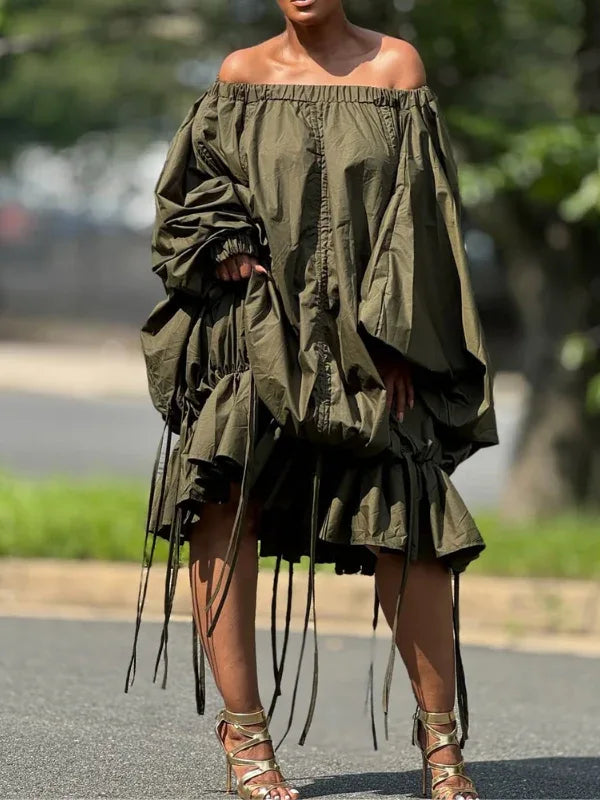 Women's Solid Off-Shoulder Drawstring Dress