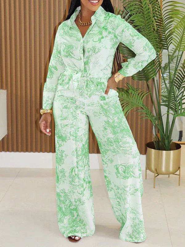 Women's Printed Button-Down Shirt & Relaxed Wide-Leg Pants Set