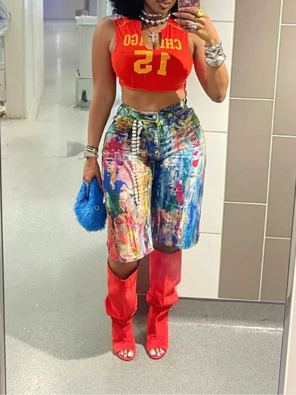 Women's Printed High-Waist Casual Denim Shorts