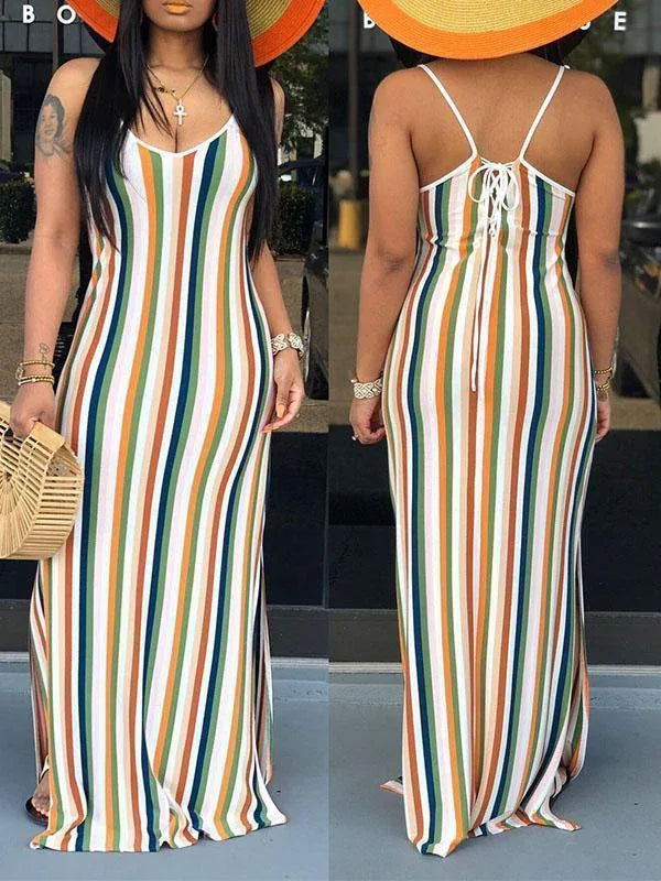Women's Striped Lace-Up Cami Dress