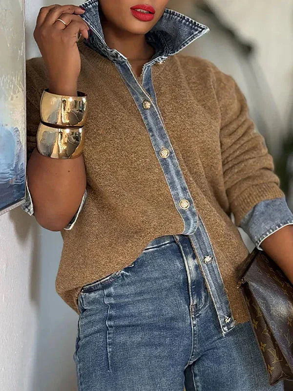 Women's Denim Patchwork Open-Front Knit Cardigan