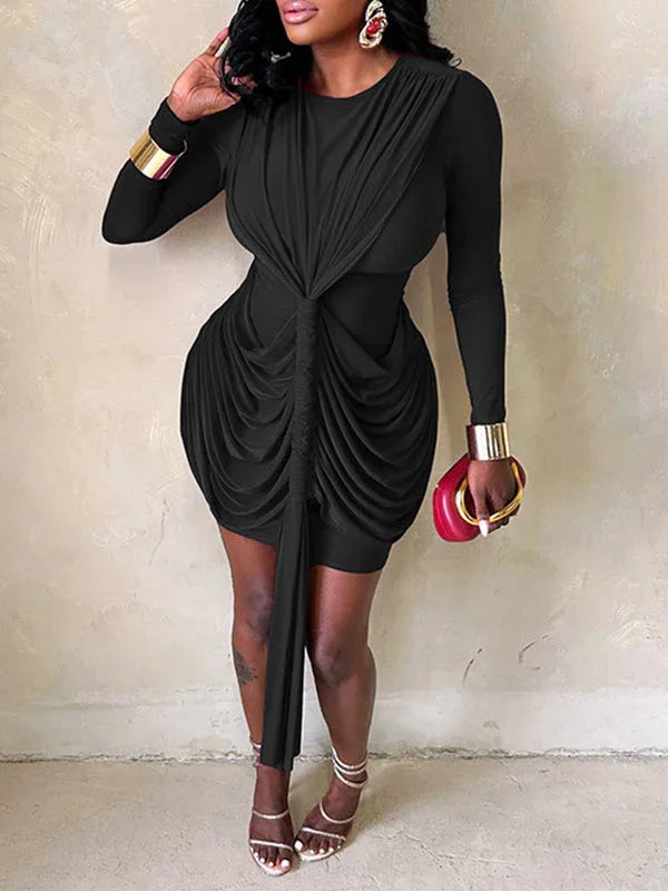 Women's Ruched Draped Midi Dress – Elegant Long Sleeve Bodycon