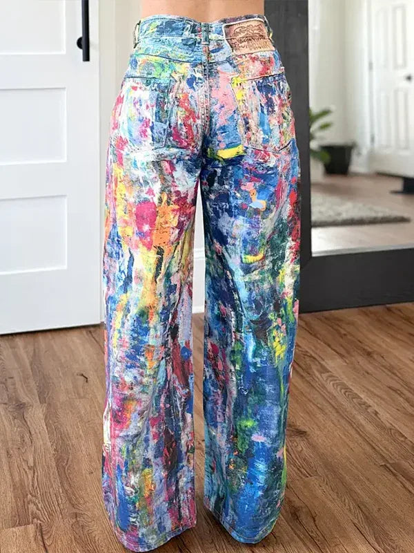 Women's Abstract Printed Straight-Leg Casual Denim Jeans