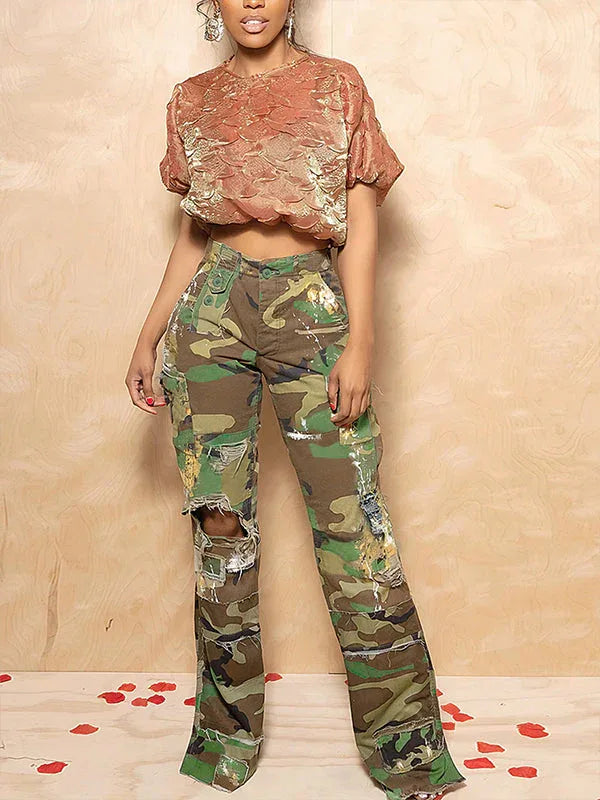 Women's Ripped Camo Print Distressed Cargo Pants