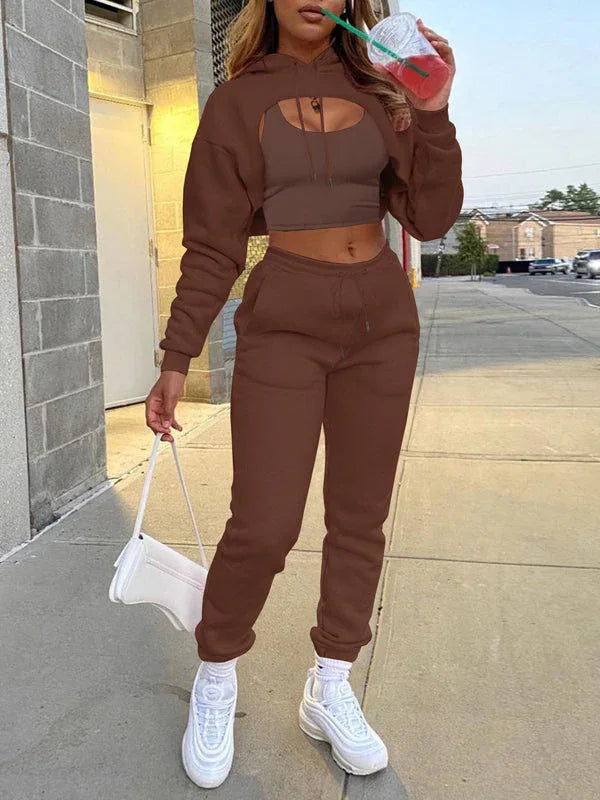 Women's Casual 3-Piece Hoodie Set – Zip-Front Jacket, Cami Top & Drawstring Pants