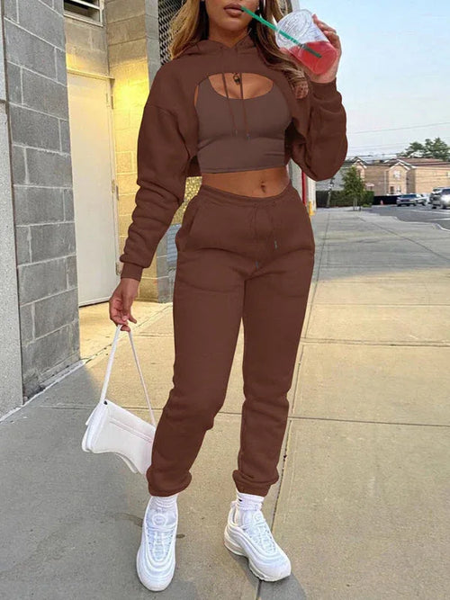 Women's Casual 3-Piece Hoodie Set – Zip-Front Jacket, Cami Top & Drawstring Pants