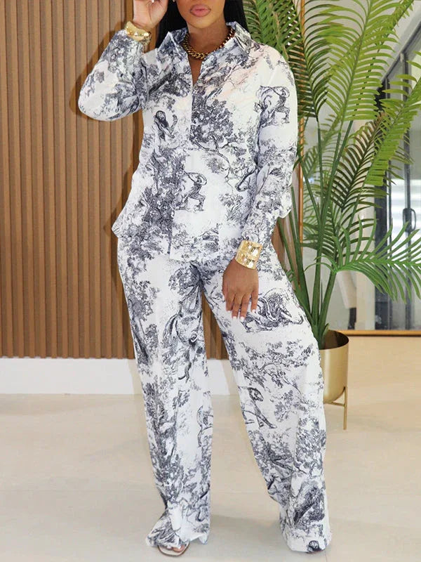 Women's Printed Button-Down Shirt & Relaxed Wide-Leg Pants Set