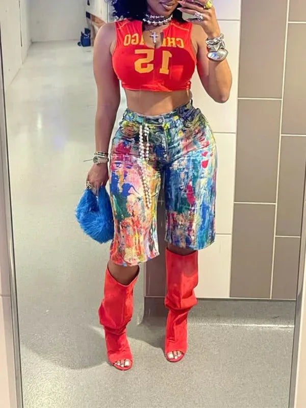 Women's Printed High-Waist Casual Denim Shorts