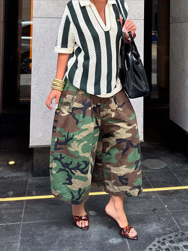 Women's Camo Print Relaxed Wide-Leg Cropped Capri Pants