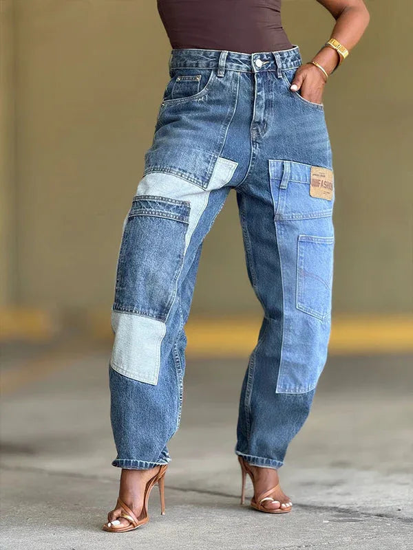 Women's Printed Patchwork Embellished Straight-Leg Jeans
