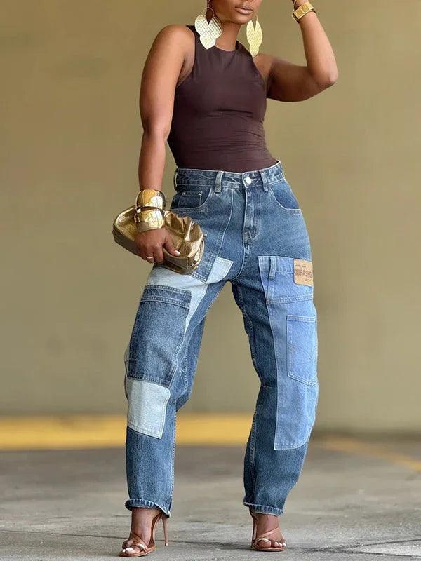Women's Printed Patchwork Embellished Straight-Leg Jeans