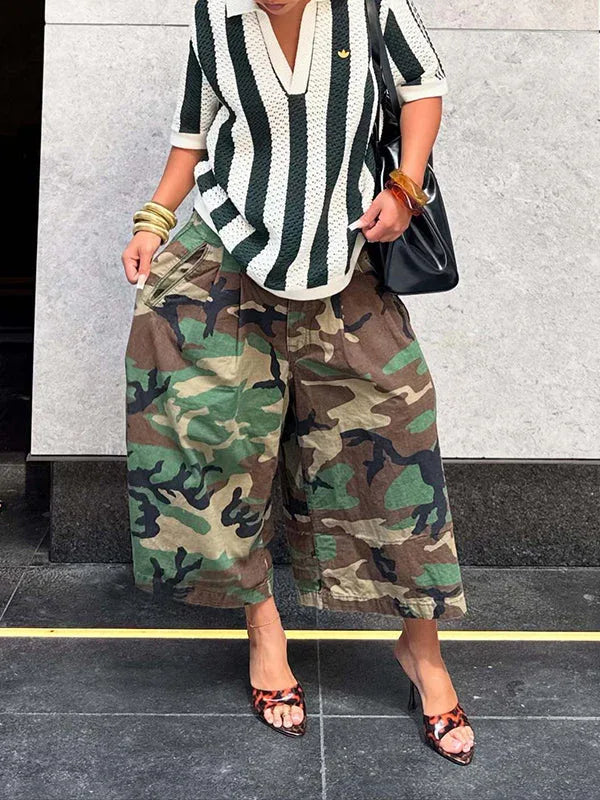 Women's Camo Print Relaxed Wide-Leg Cropped Capri Pants
