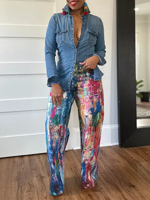 Women's Abstract Printed Straight-Leg Casual Denim Jeans