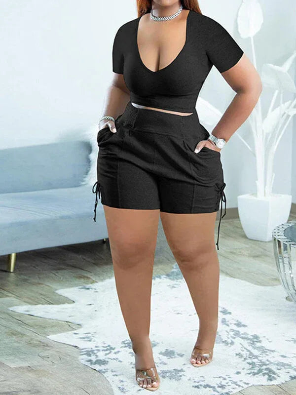 Women's V-Neck Casual Tee & Lace-Up High-Waist Shorts Set