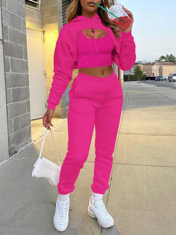 Women's Casual 3-Piece Hoodie Set – Zip-Front Jacket, Cami Top & Drawstring Pants