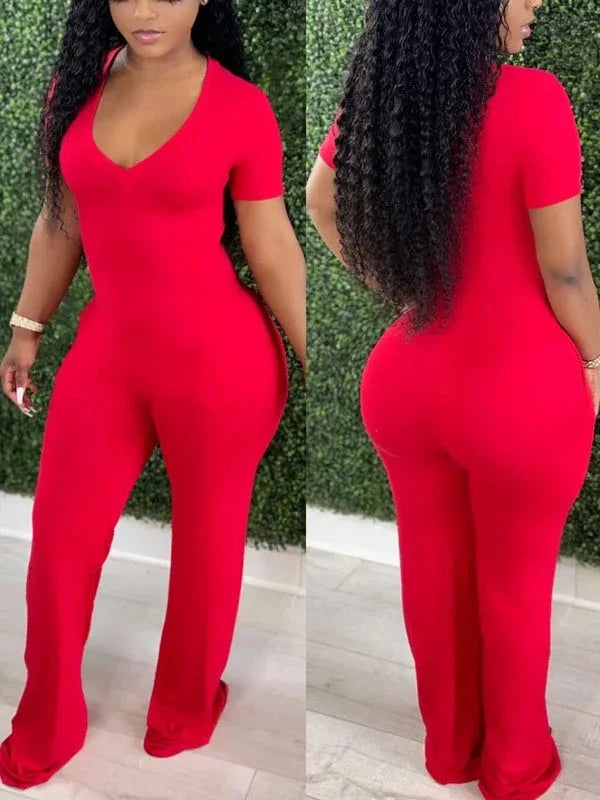 Women's Solid V-Neck Sleeveless Wide-Leg Jumpsuit