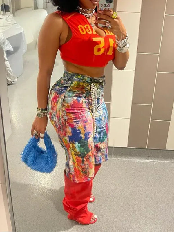 Women's Printed High-Waist Casual Denim Shorts