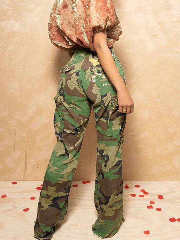 Women's Ripped Camo Print Distressed Cargo Pants