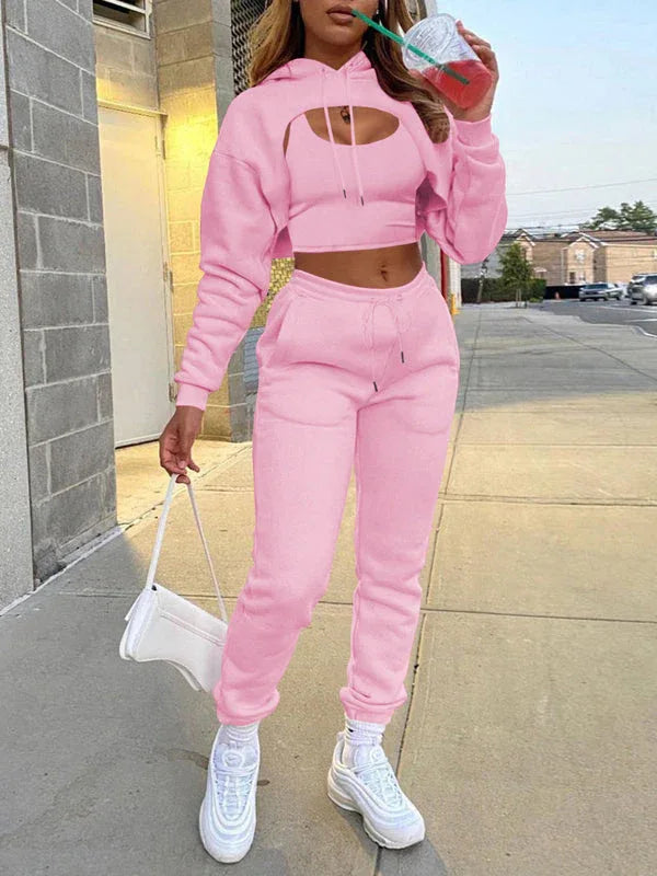 Women's Casual 3-Piece Hoodie Set – Zip-Front Jacket, Cami Top & Drawstring Pants