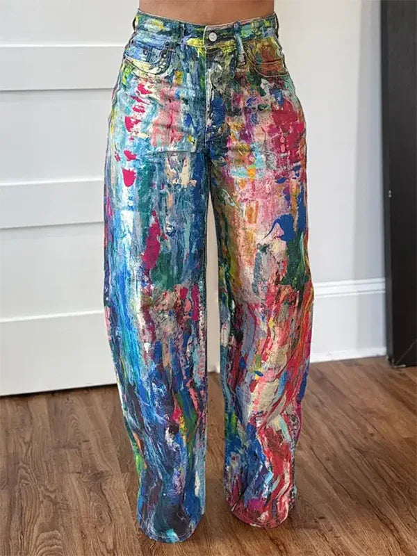 Women's Abstract Printed Straight-Leg Casual Denim Jeans