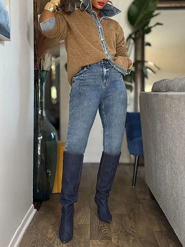 Women's Denim Patchwork Open-Front Knit Cardigan
