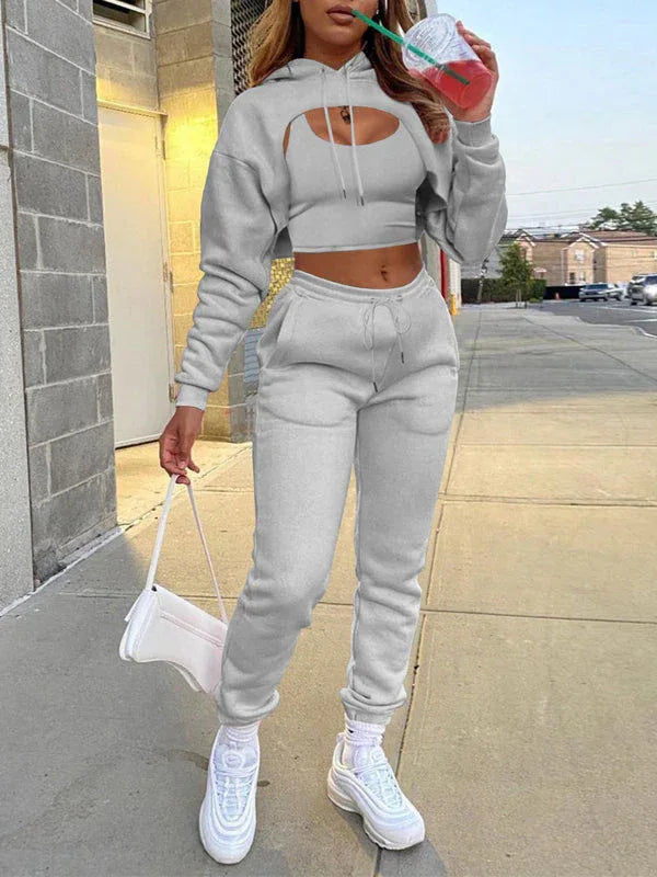 Women's Casual 3-Piece Hoodie Set – Zip-Front Jacket, Cami Top & Drawstring Pants