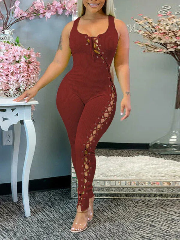 Women's Lace-Up Sleeveless High-Waist Wide-Leg Jumpsuit