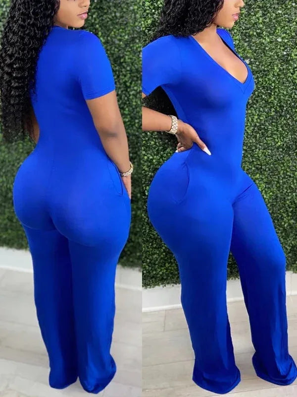 Women's Solid V-Neck Sleeveless Wide-Leg Jumpsuit