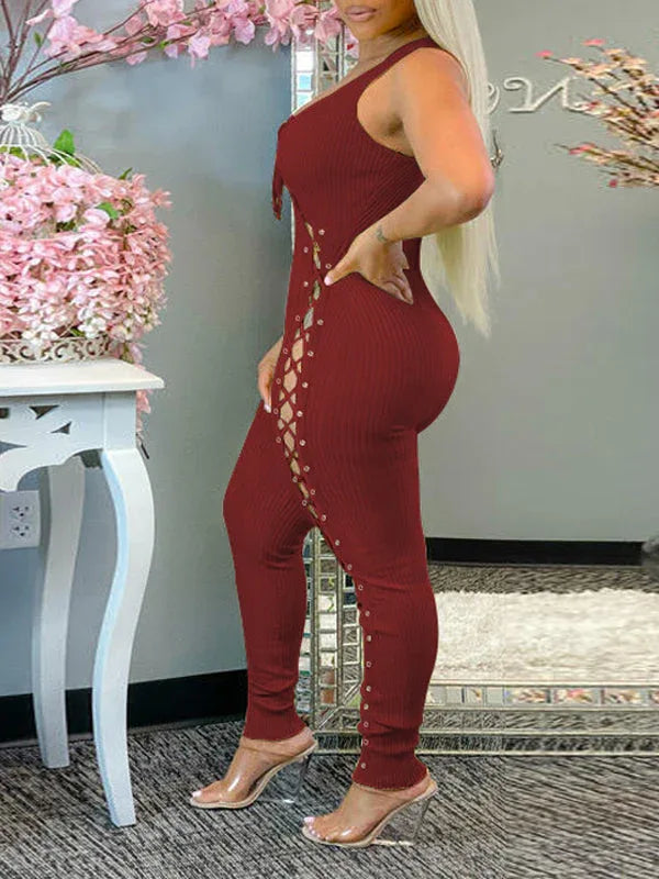 Women's Lace-Up Sleeveless High-Waist Wide-Leg Jumpsuit