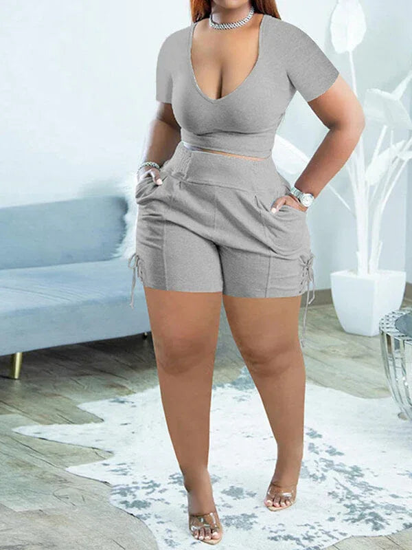 Women's V-Neck Casual Tee & Lace-Up High-Waist Shorts Set