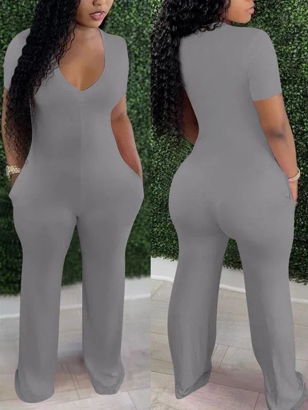 Women's Solid V-Neck Sleeveless Wide-Leg Jumpsuit