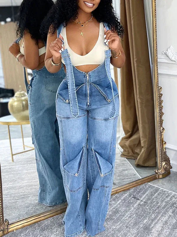Women's Zip-Front Relaxed Wide-Leg Denim Overalls