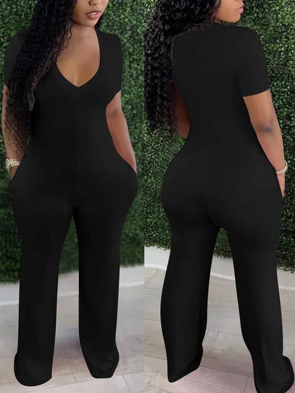 Women's Solid V-Neck Sleeveless Straight-Leg Jumpsuit