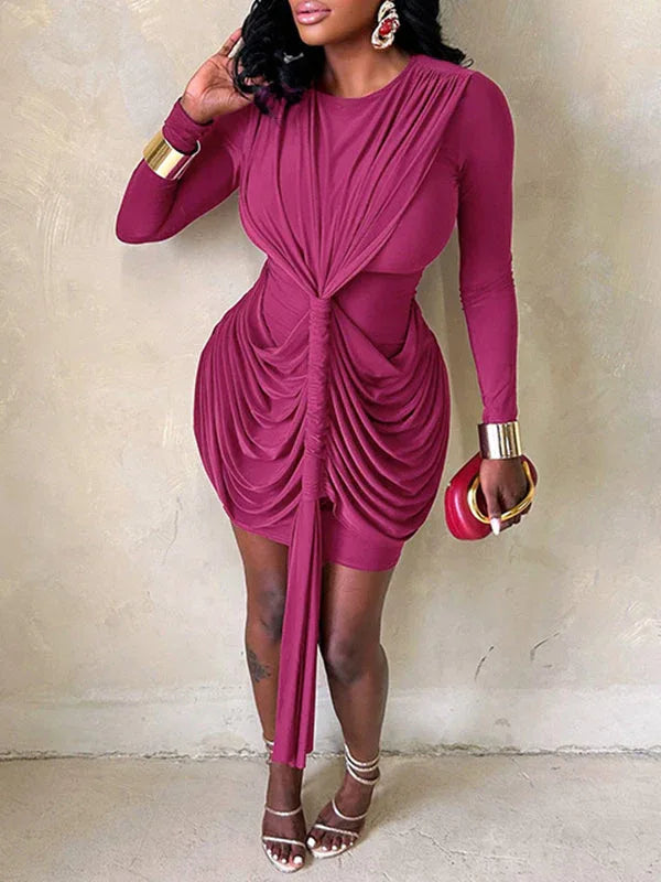 Women's Ruched Draped Midi Dress – Elegant Long Sleeve Bodycon