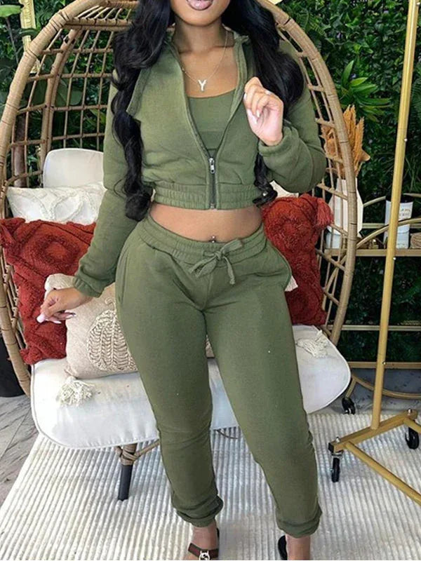 Women's Solid Zip-Front Hoodie & Straight-Leg Pants Set