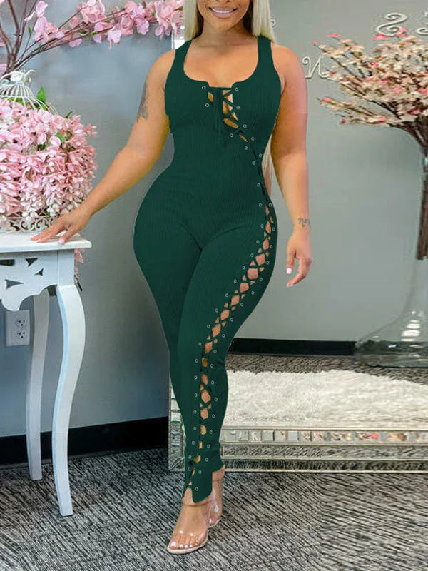 Women's Lace-Up Sleeveless High-Waist Wide-Leg Jumpsuit