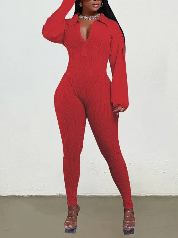 Women's V-Neck Ribbed Sleeveless High-Waist Jumpsuit