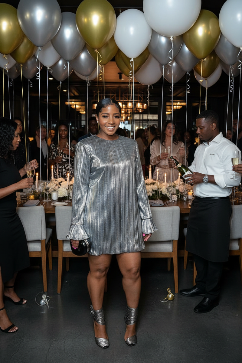 Woman in a silver dress standing in a formal setting with tables and guests.
