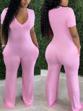 Women's Solid V-Neck Sleeveless Straight-Leg Jumpsuit