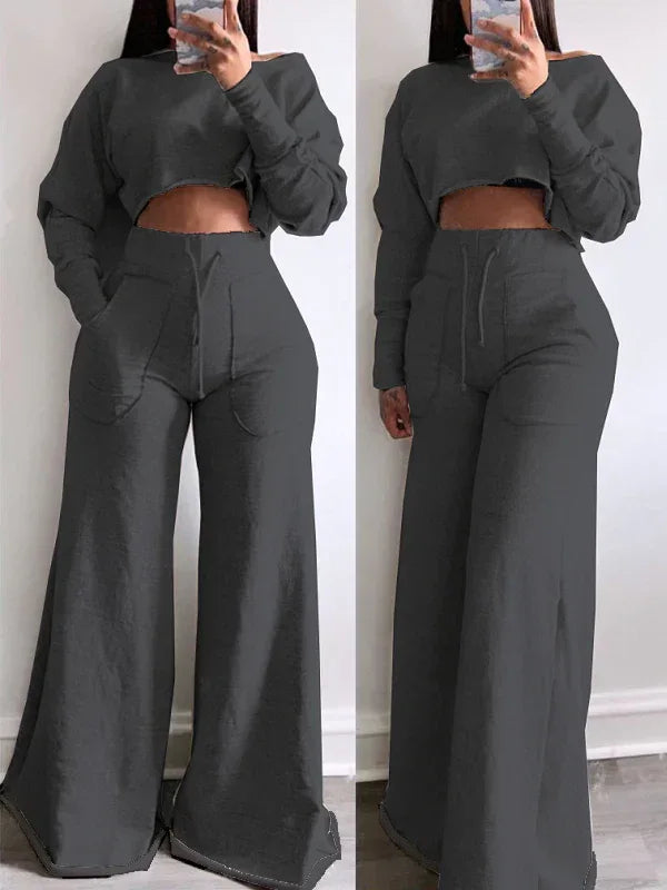 Women's Raw-Cut Hem Casual Sweatshirt & Wide-Leg Pants Set